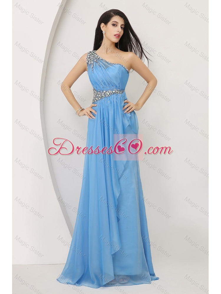 Classical Luxurious Discount Beaded Baby Blue Prom Dress with One Shoulder