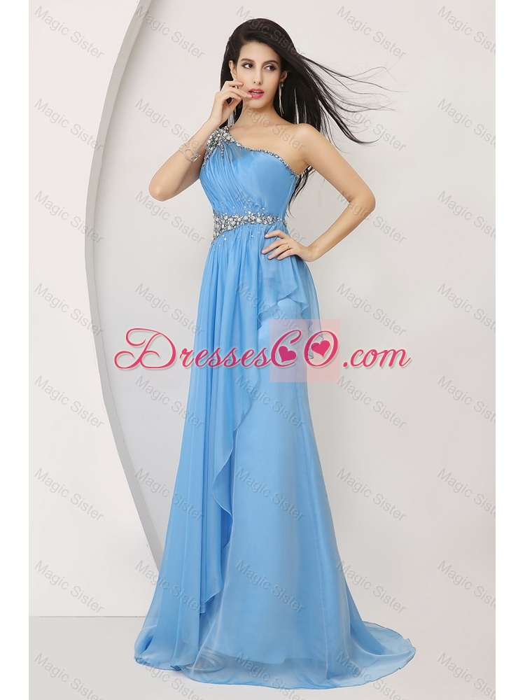 Classical Luxurious Discount Beaded Baby Blue Prom Dress with One Shoulder