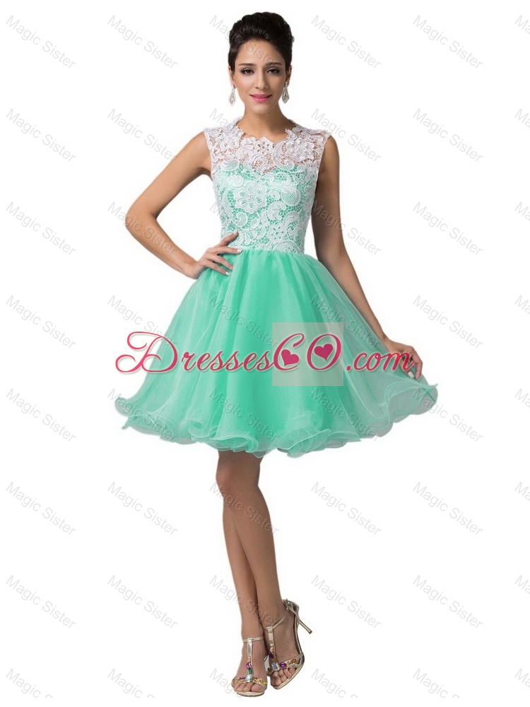 Elegant Laced Scoop A Line Prom Dress in Apple Green