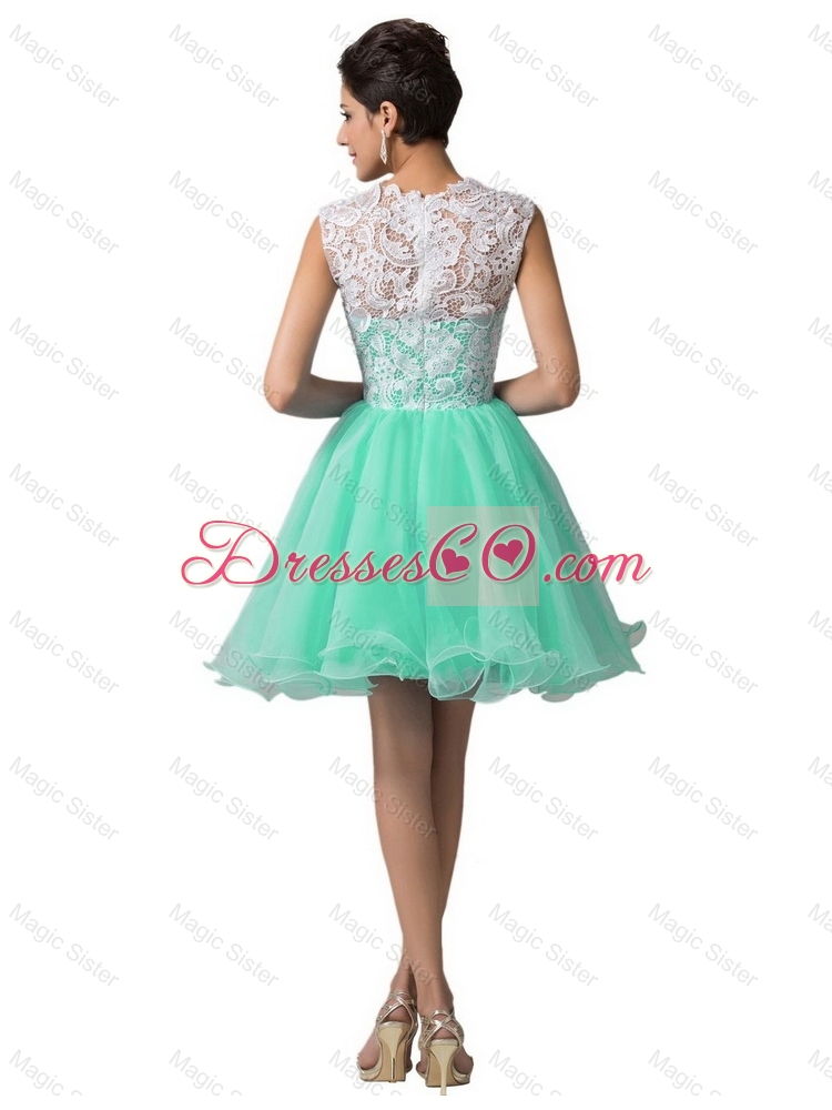 Elegant Laced Scoop A Line Prom Dress in Apple Green
