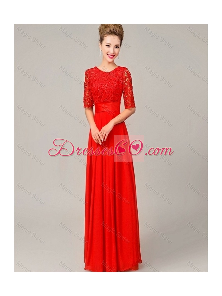 Gorgeous Exclusive Fashionable Scoop Laced Red Prom Dress with Half Sleeves