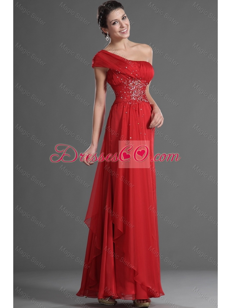 Discount One Shoulder Beading and Ruching Prom Dress in Red