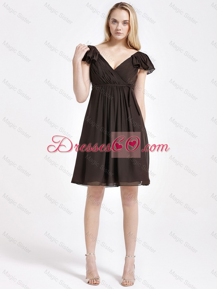 Exclusive V Neck Sashes Short Prom Dress in Brown