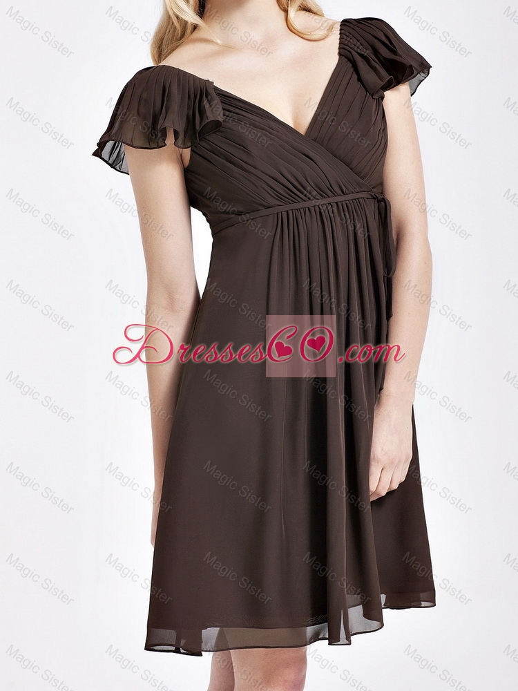 Exclusive V Neck Sashes Short Prom Dress in Brown