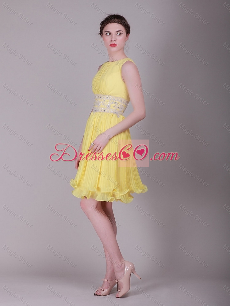 Beautiful Bateau Mini Lengt Beaded Prom Dress in Yellow