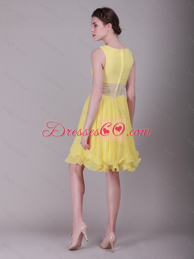Beautiful Bateau Mini Lengt Beaded Prom Dress in Yellow
