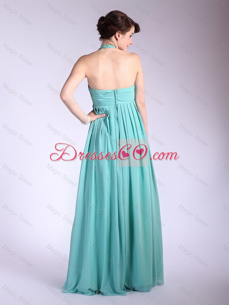 Beautiful Brush Train Turquoise Prom Dress with Halter Top