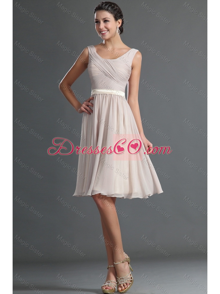 Customized Short Ruching and Belt Prom Dress in Champagne