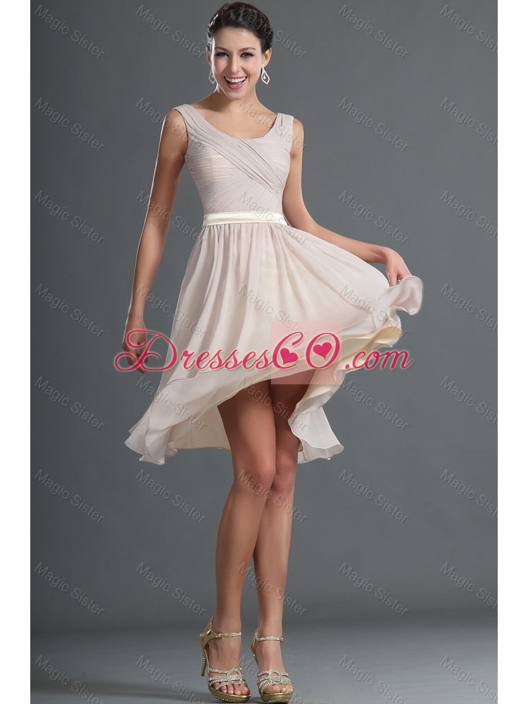 Customized Short Ruching and Belt Prom Dress in Champagne