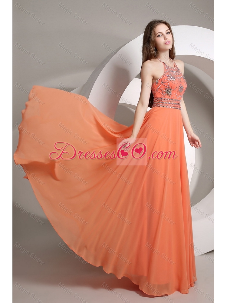 Elegant Beaded Empire Orange Prom Dress with Halter Top