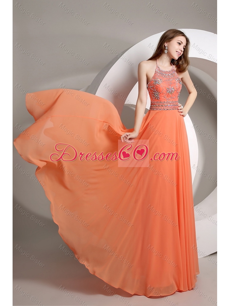 Elegant Beaded Empire Orange Prom Dress with Halter Top