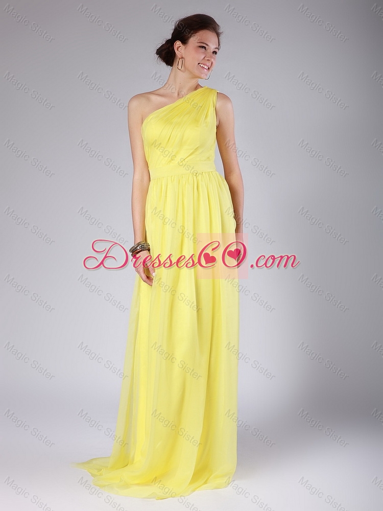 Elegant One Shoulder Sashes Yellow Prom Dress with Sweep Train for