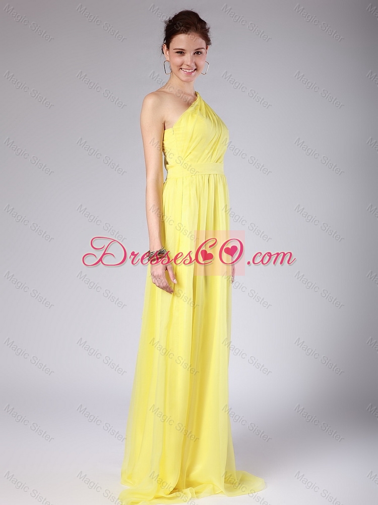 Elegant One Shoulder Sashes Yellow Prom Dress with Sweep Train for