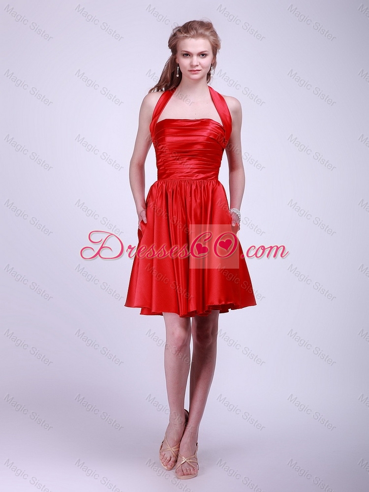 Inexpensive Short Ruched Red Prom Dress with Halter Top