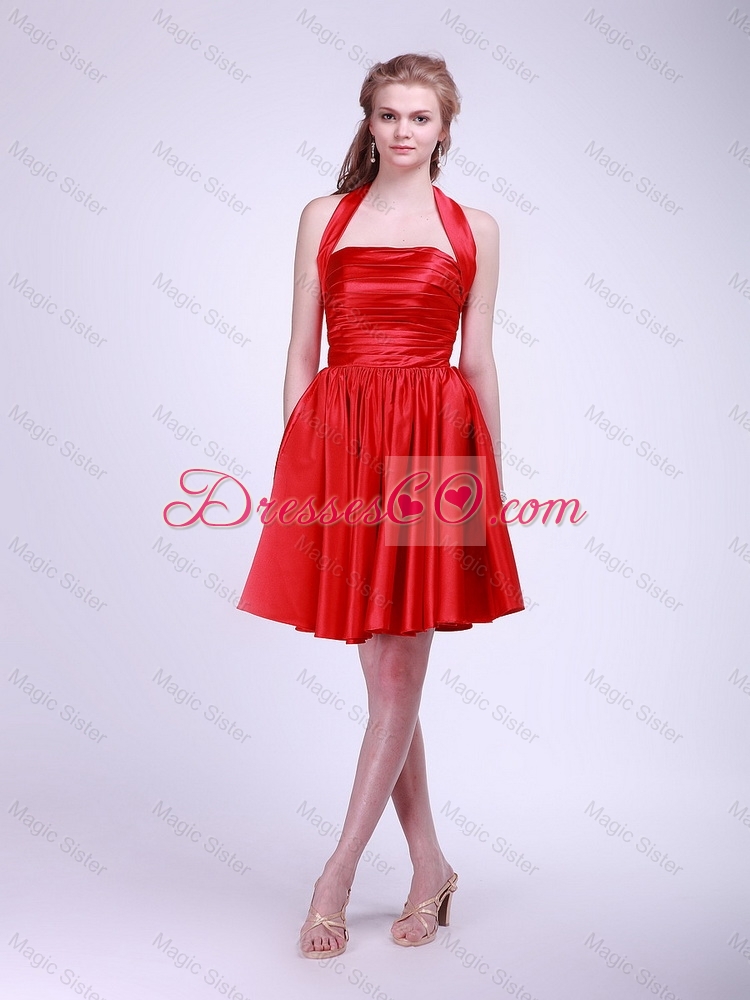 Inexpensive Short Ruched Red Prom Dress with Halter Top