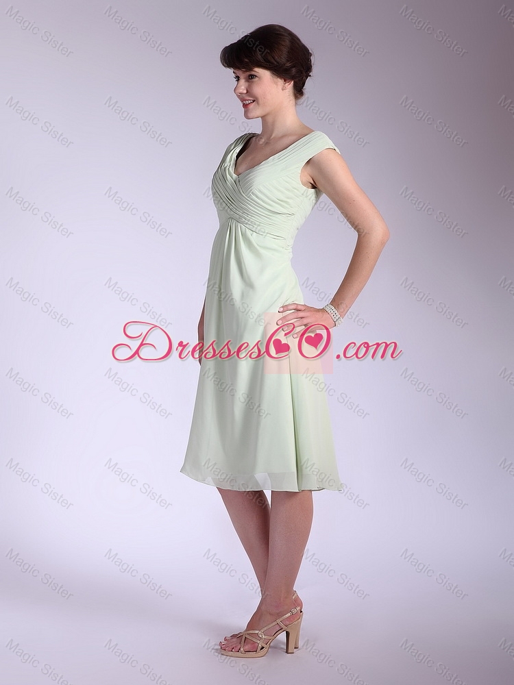 Popular V Neck Ruched Prom Dress with Tea Length