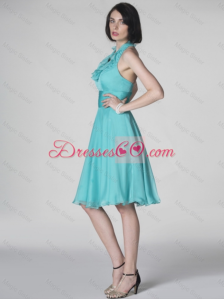 The Super Hot Halter Top Turquoise Prom Dress with Ruffles and Belt