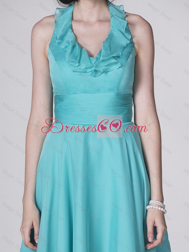 The Super Hot Halter Top Turquoise Prom Dress with Ruffles and Belt