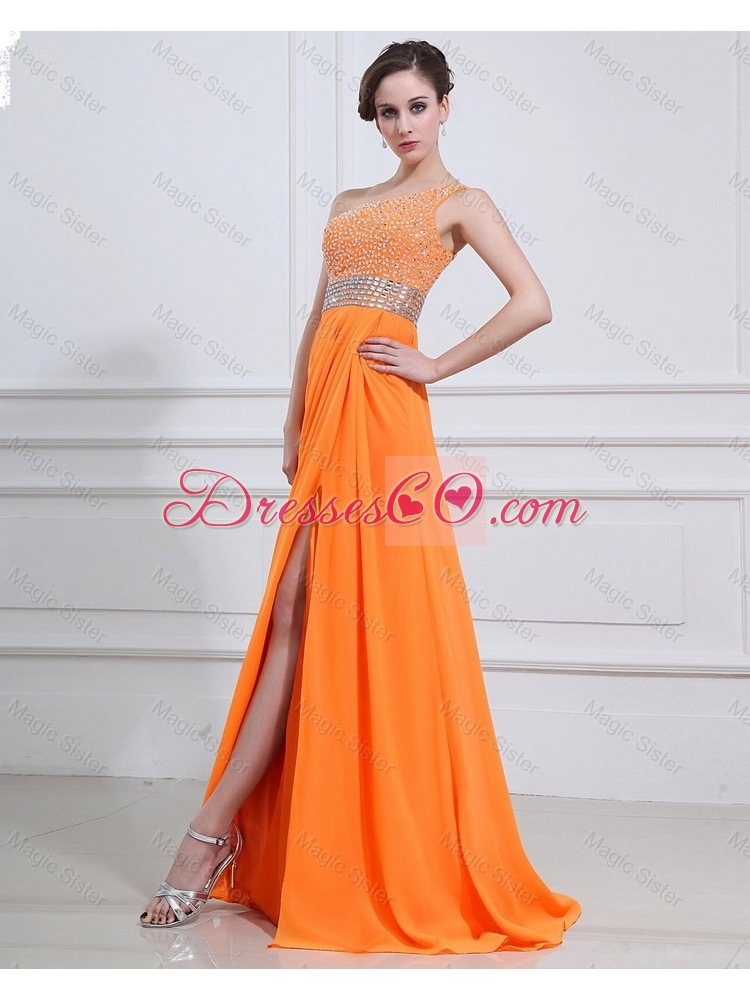 Gorgeous Exquisite Beading and High Slit Orange Prom Dress with Brush Train