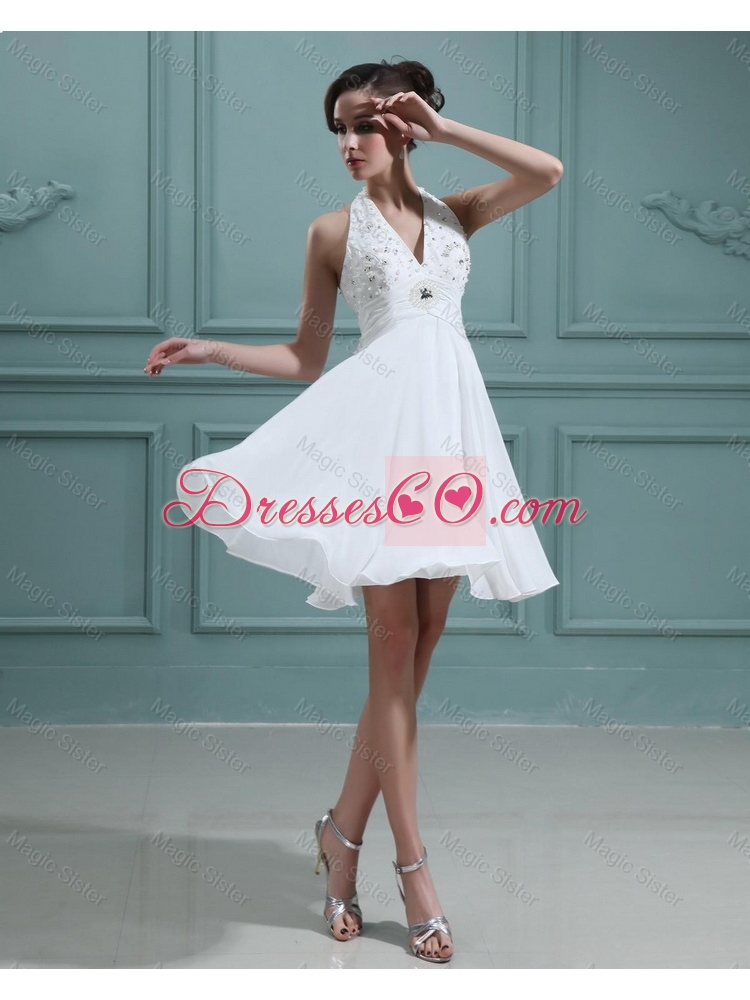 Cheap Empire Halter Top White Prom Dress with Beading
