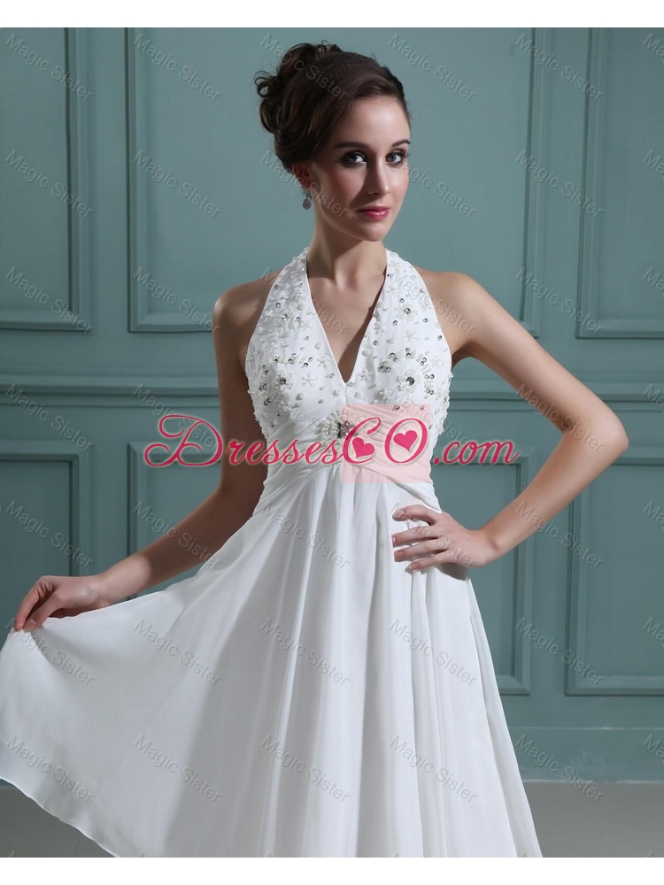 Cheap Empire Halter Top White Prom Dress with Beading