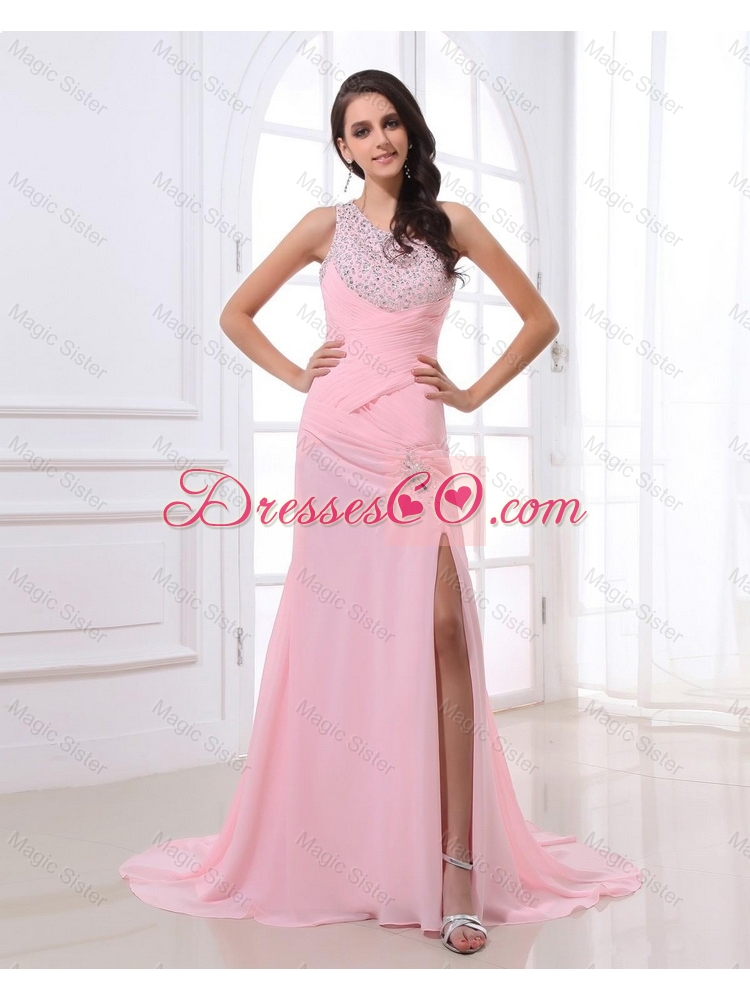Cheap Column Brush Train Prom Dress with High Slit and Beading