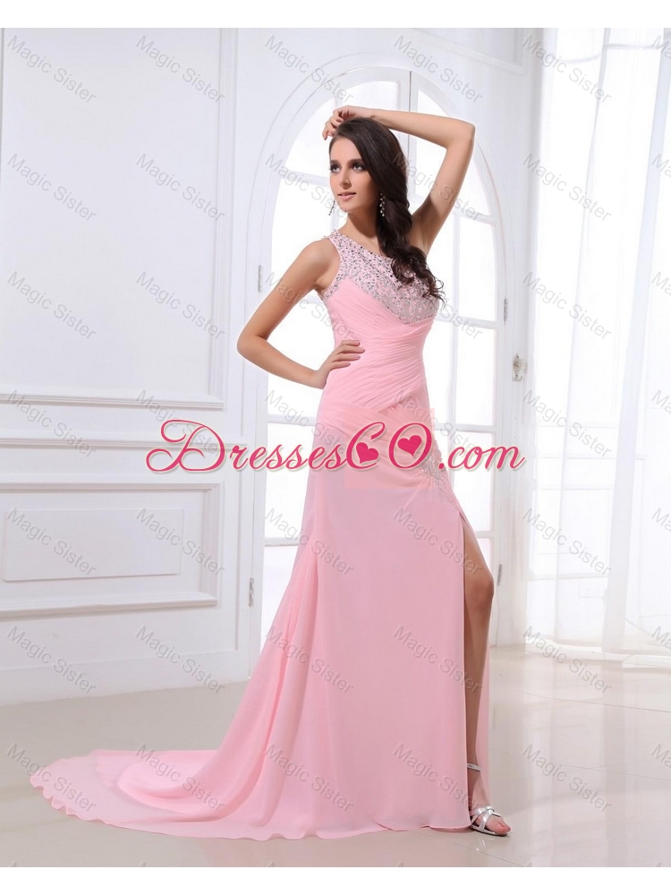 Cheap Column Brush Train Prom Dress with High Slit and Beading