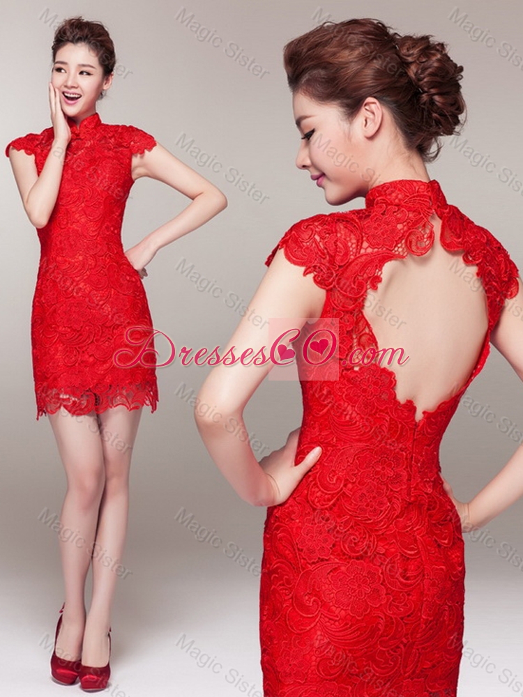 Classical Empire High Neck Lace Prom Dress with Cap Sleeves