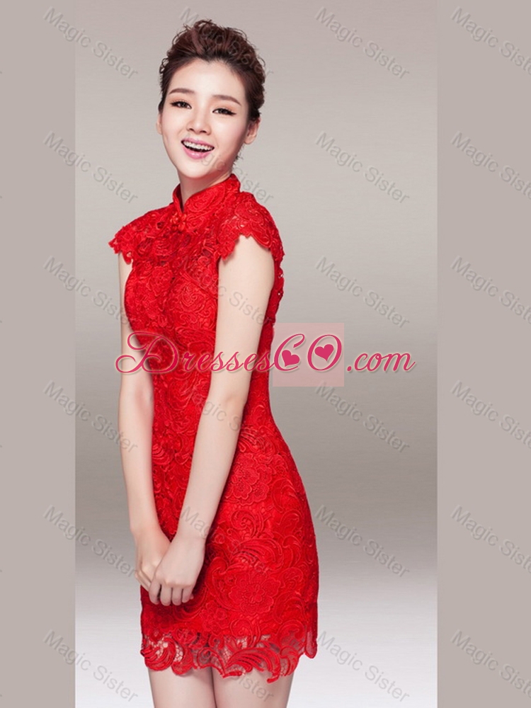 Classical Empire High Neck Lace Prom Dress with Cap Sleeves