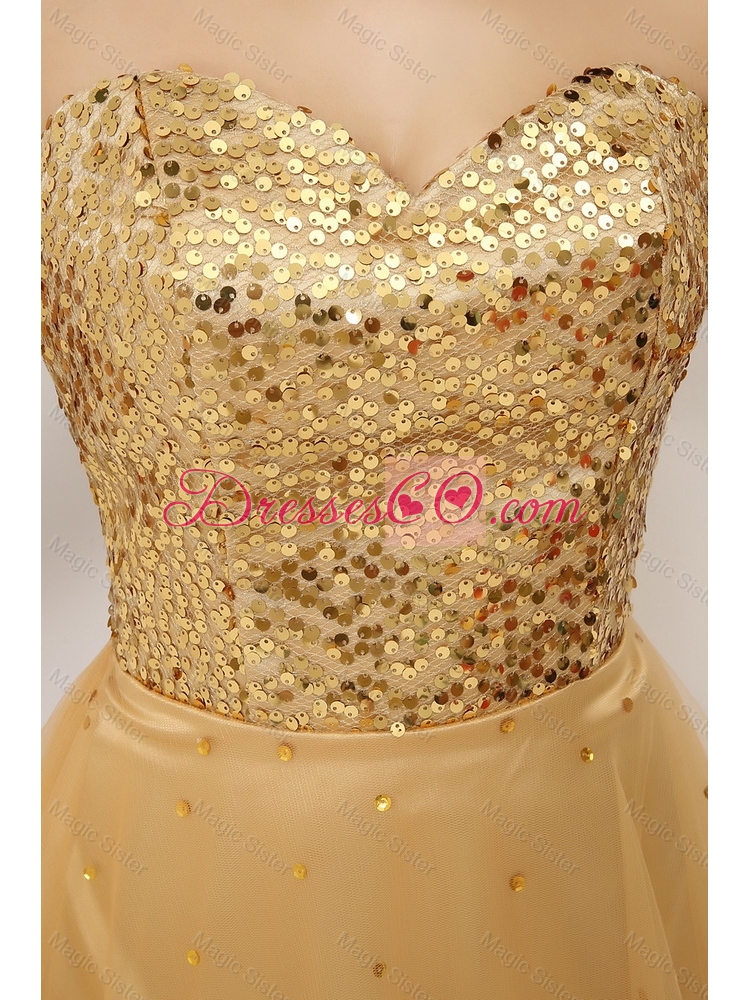 Luxurious A Line Gold Prom Gowns with Lace Up