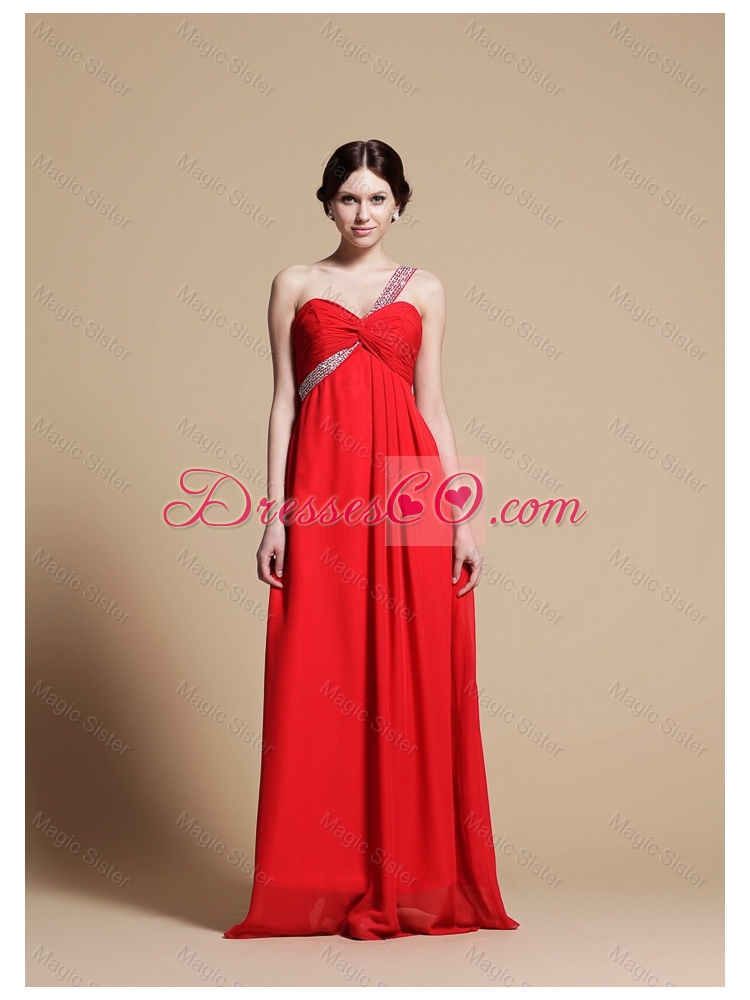 Elegant Empire One Shoulder Red Prom Dress with Beading
