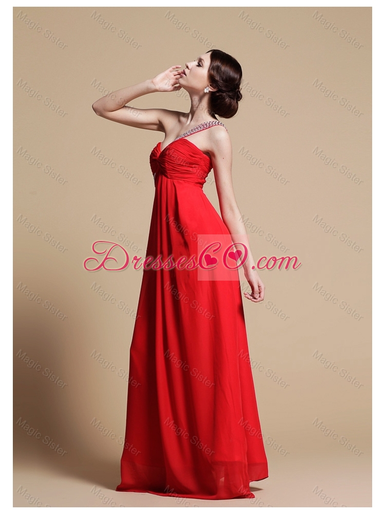 Elegant Empire One Shoulder Red Prom Dress with Beading