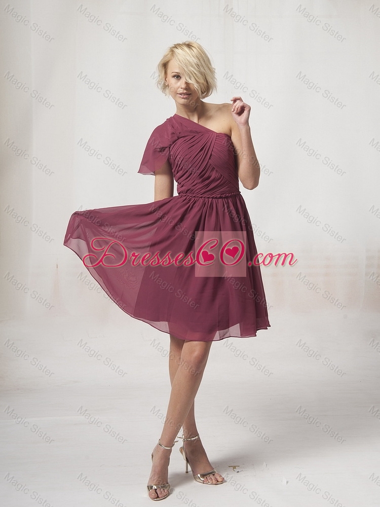 New Style One Shoulder Burgundy Prom Dress with Ruching