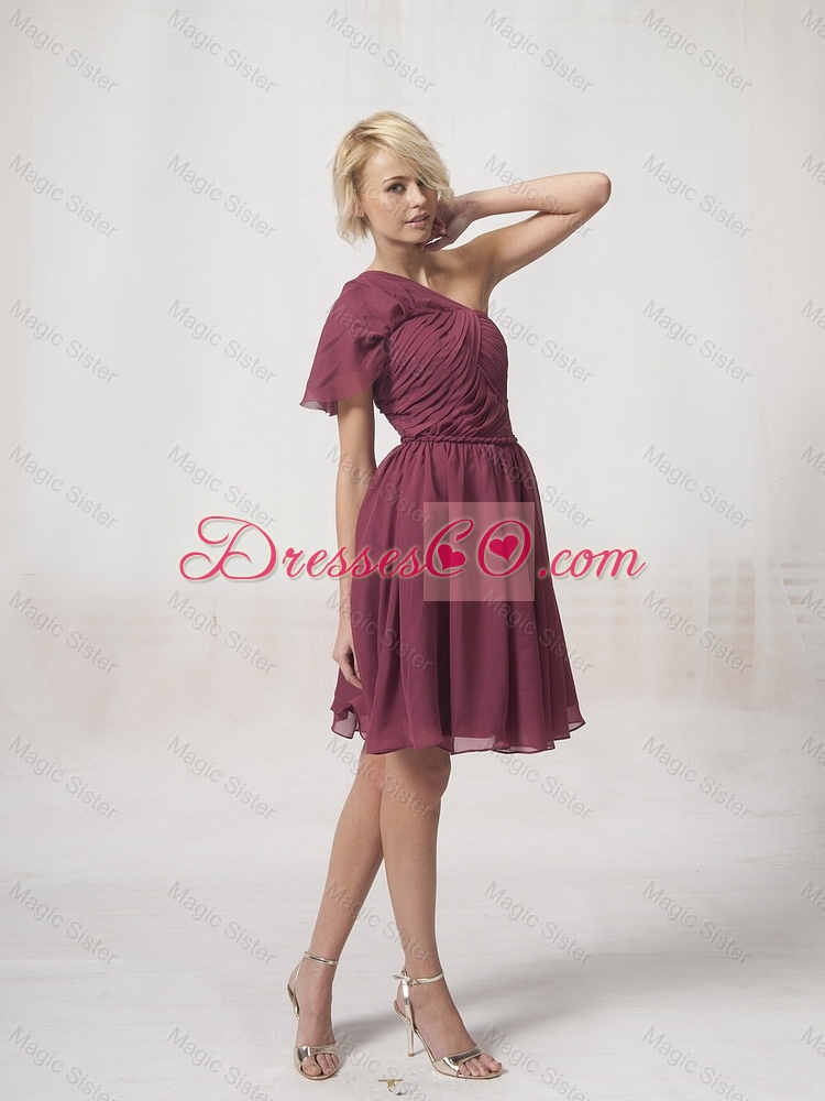 New Style One Shoulder Burgundy Prom Dress with Ruching