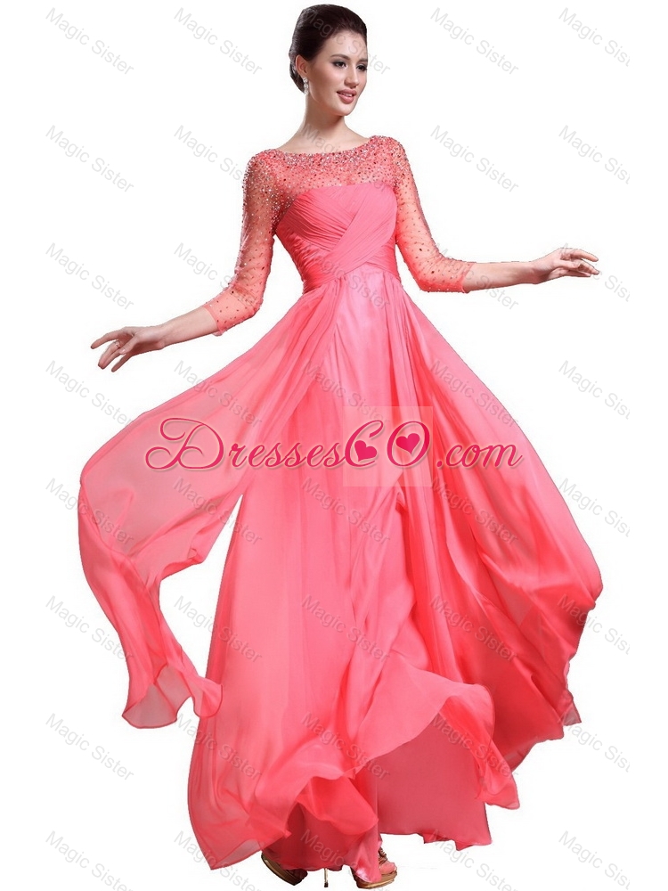 Beautiful Bateau Coral Red Prom Dress with 3/4-length Sleeves