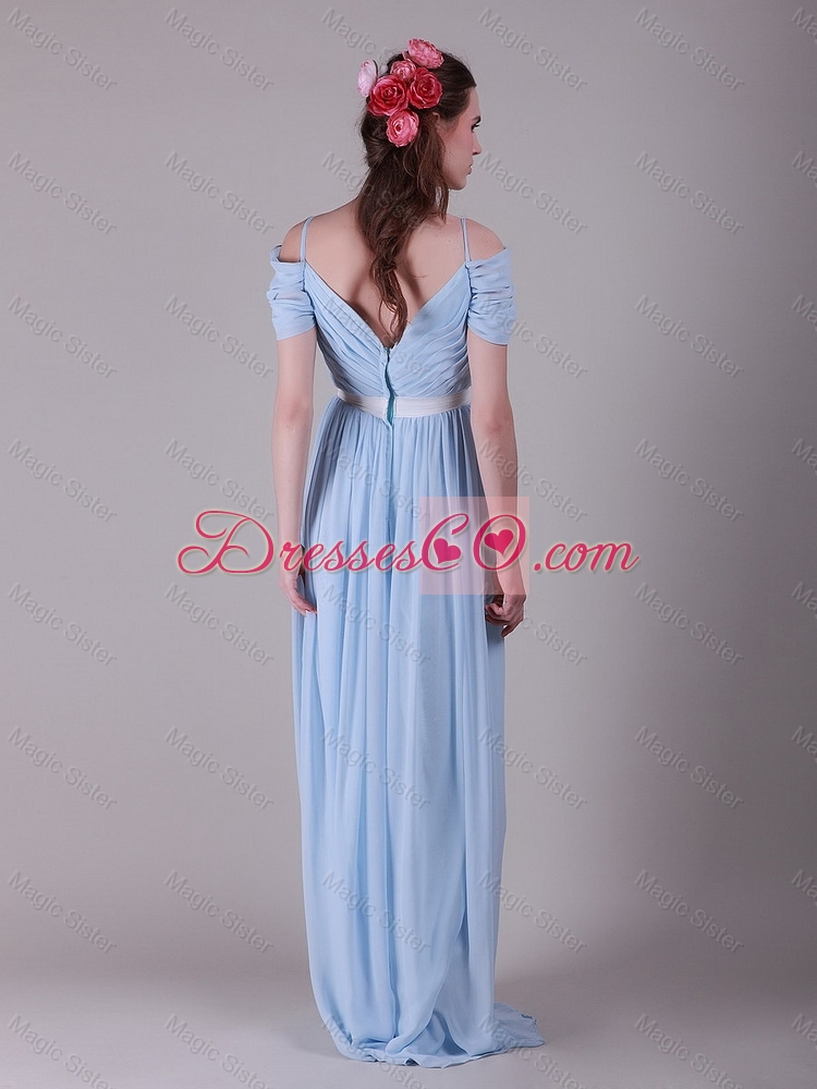 Beautiful Exclusive Spaghetti Straps Light Blue Prom Dress with Ruching and Belt