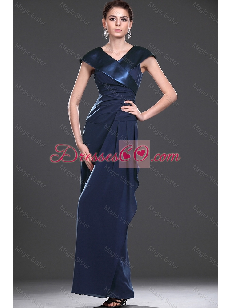 Exquisite V Neck Navy Blue Long Prom Dress with Ruching