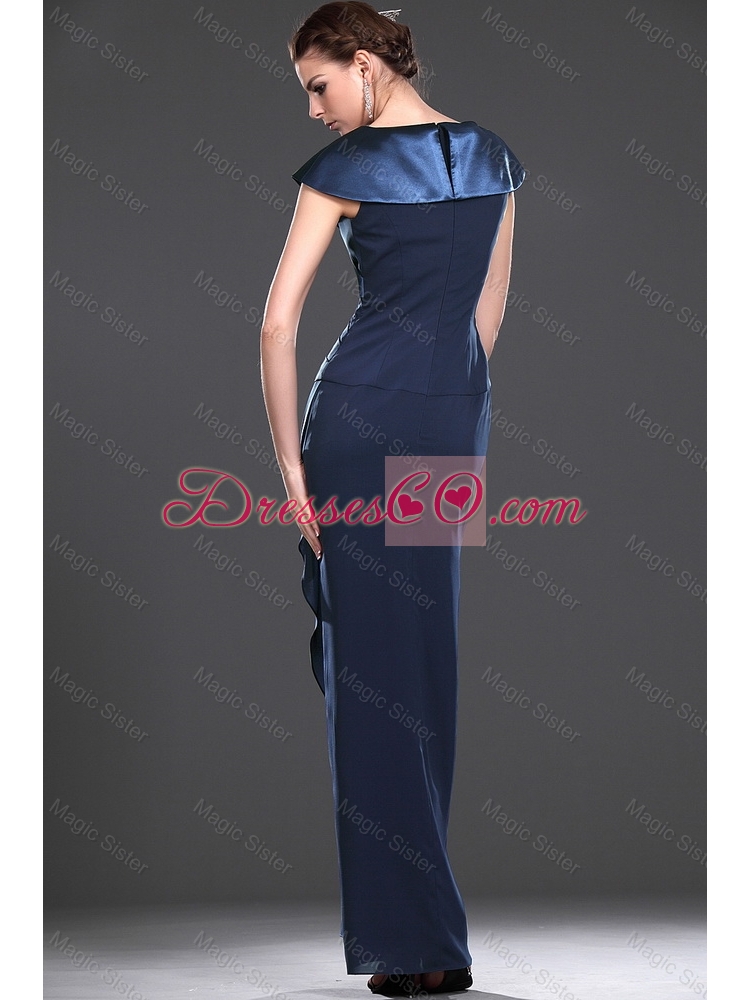 Exquisite V Neck Navy Blue Long Prom Dress with Ruching