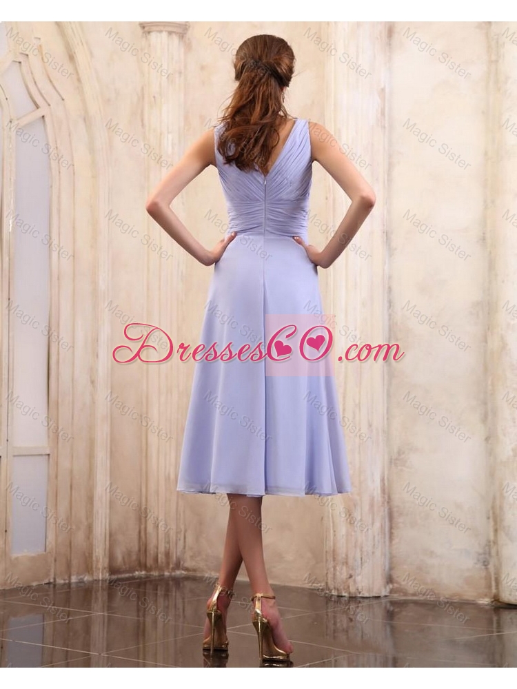 Popular V Neck Tea Length Prom Gowns with Ruching