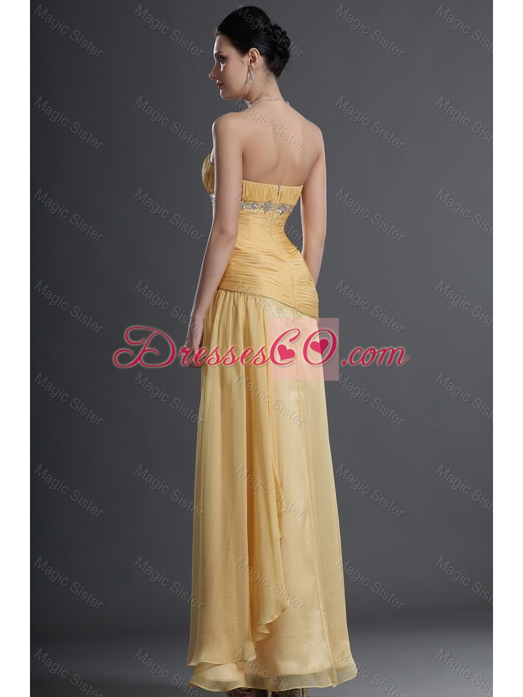 Discount Beading and Ruching Prom Dress in Gold for