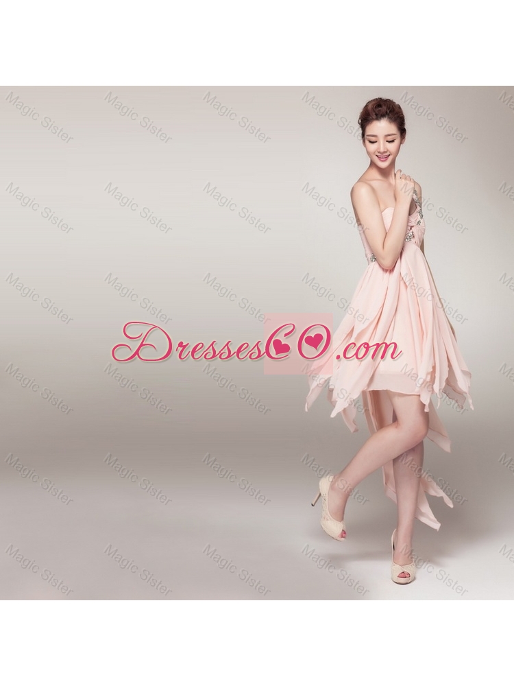 Elegant Discount Beautiful New Arrival High Low Baby Pink Prom Dress with Appliques and Ruching