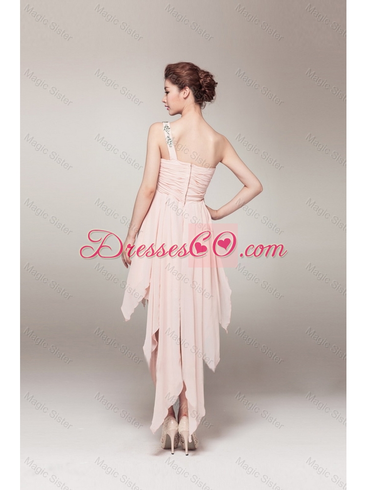 Elegant Discount Beautiful New Arrival High Low Baby Pink Prom Dress with Appliques and Ruching