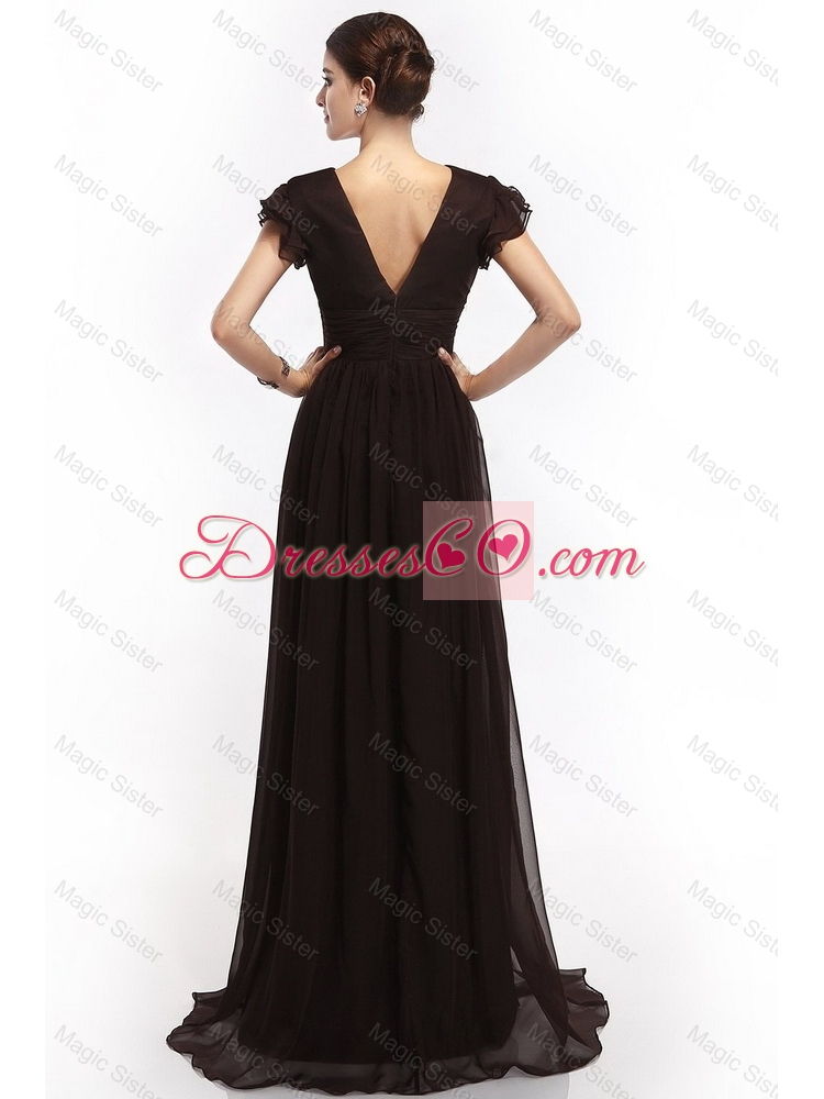 Hot Sale V Neck Ruching Empire Brush Train Prom Dress in Black