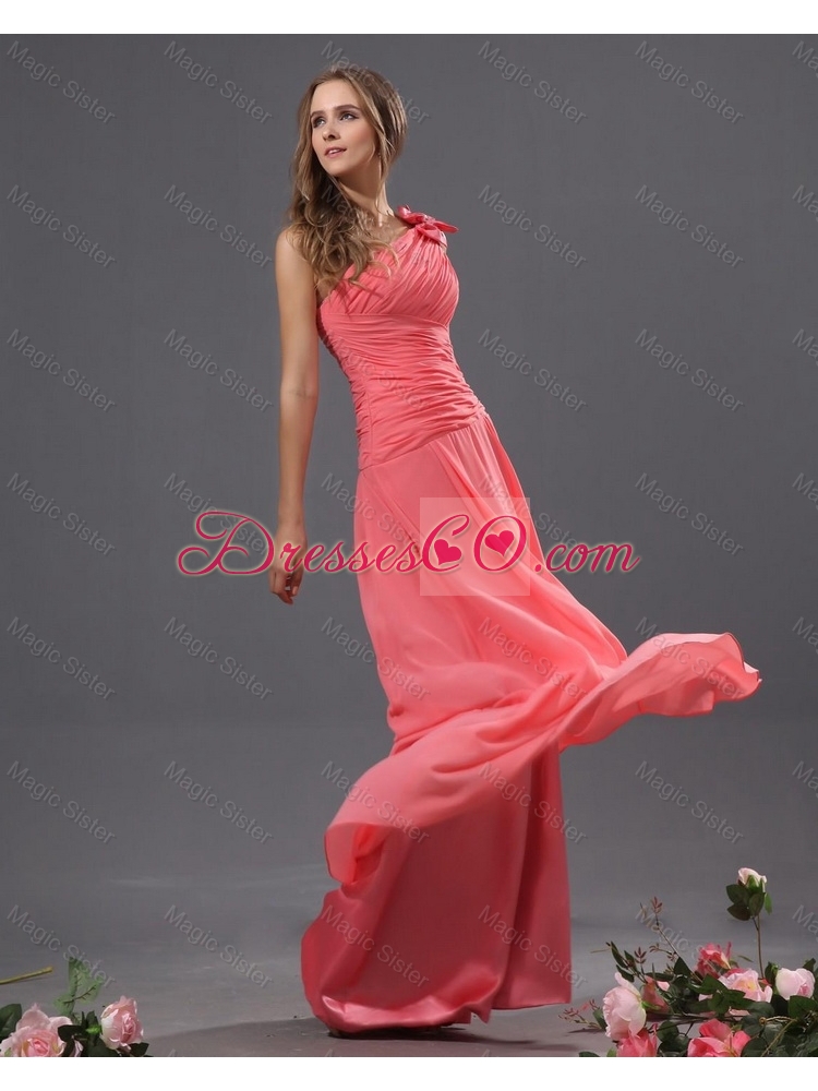 Most Popular One Shoulder Watermelon Prom Dress with Ruching