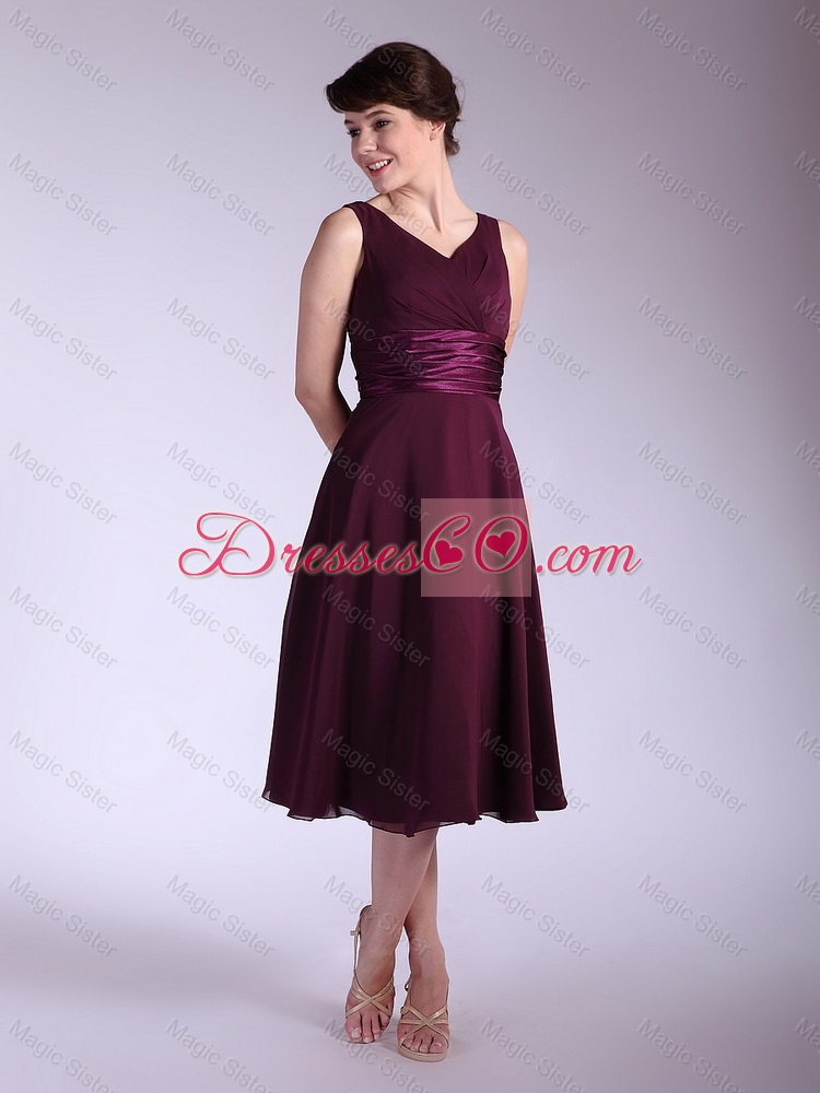 Perfect Beautiful Fashionable V Neck Tea Length Prom Dress with Ruching