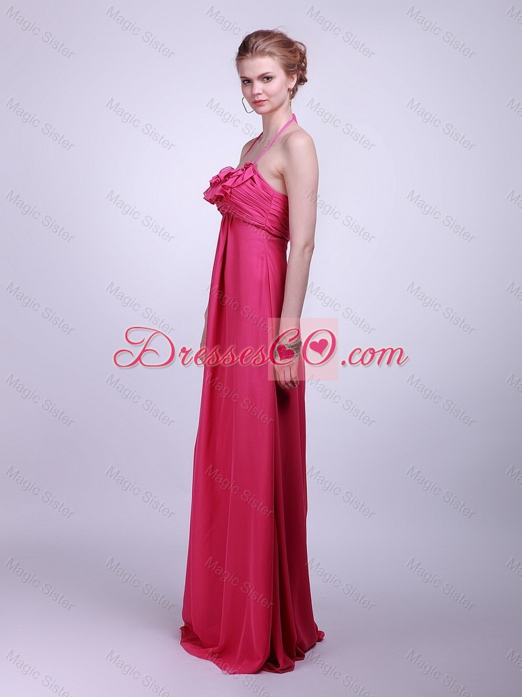 Pretty Halter Top Brush Train Prom Dress in Hot Pink