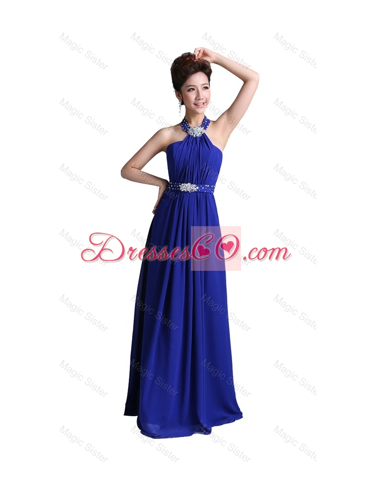 Luxurious Empire Halter Top Prom Dress with Beading in Royal Blue