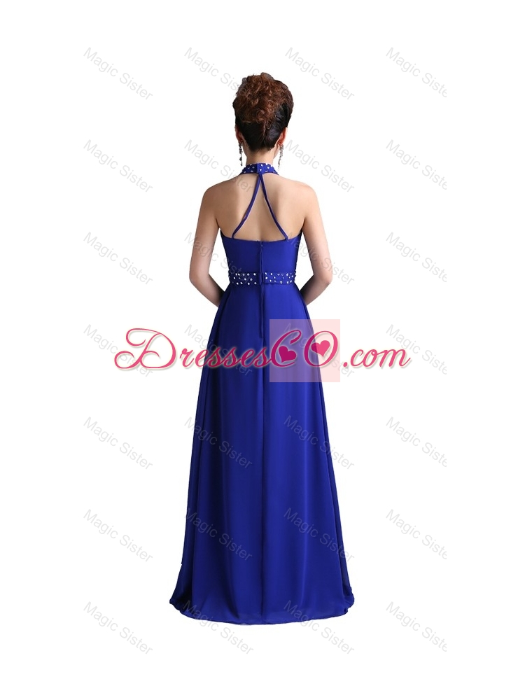 Luxurious Empire Halter Top Prom Dress with Beading in Royal Blue