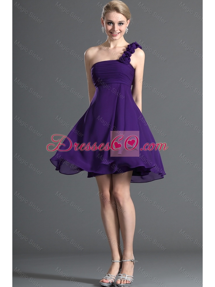 Modest One Shoulder Purple Short Prom Dress with Hand Made Flowers