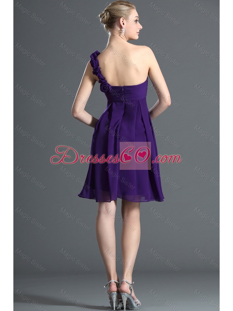 Modest One Shoulder Purple Short Prom Dress with Hand Made Flowers